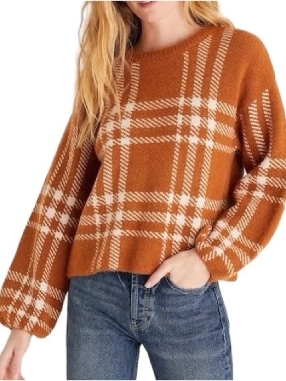 Z Supply Rust & White Plaid Crewneck Sweater